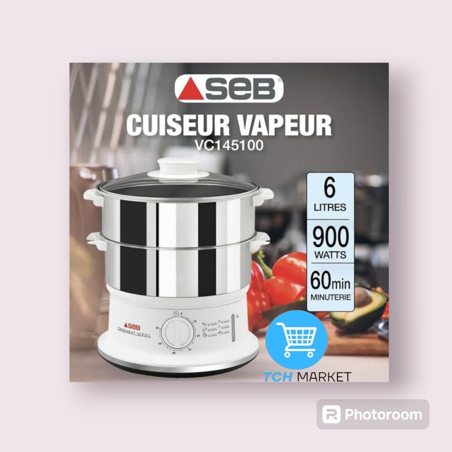 طباخ بخار SEB مريح، 2 وعاء من الفولاذ المقاوم للصدأ، طهي بالبخار، مؤقت VCC14510 Cuiseur vapeur SEB CONVENIENT, 2 BOLS INOX, CUISSON VAPEUR, MINUTEUR VC145100